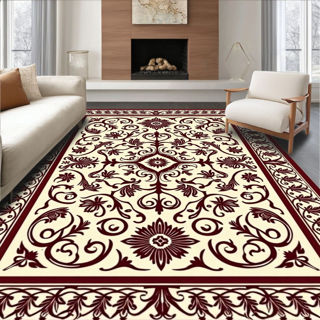 Elegant Floral Scrollwork Cream Rust Rug