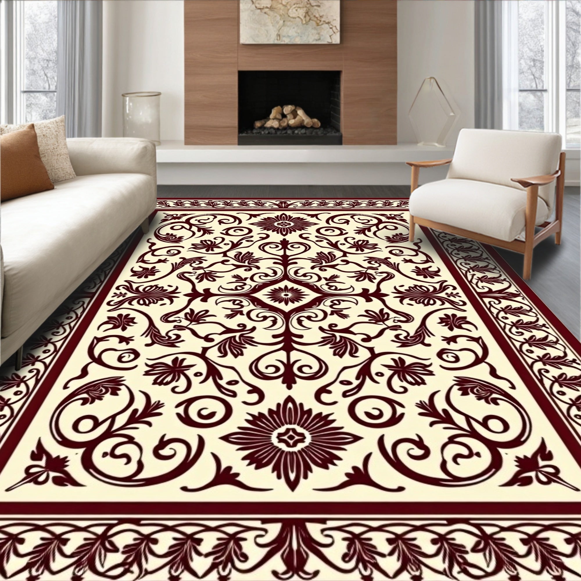 Elegant Floral Scrollwork Cream Rust Rug
