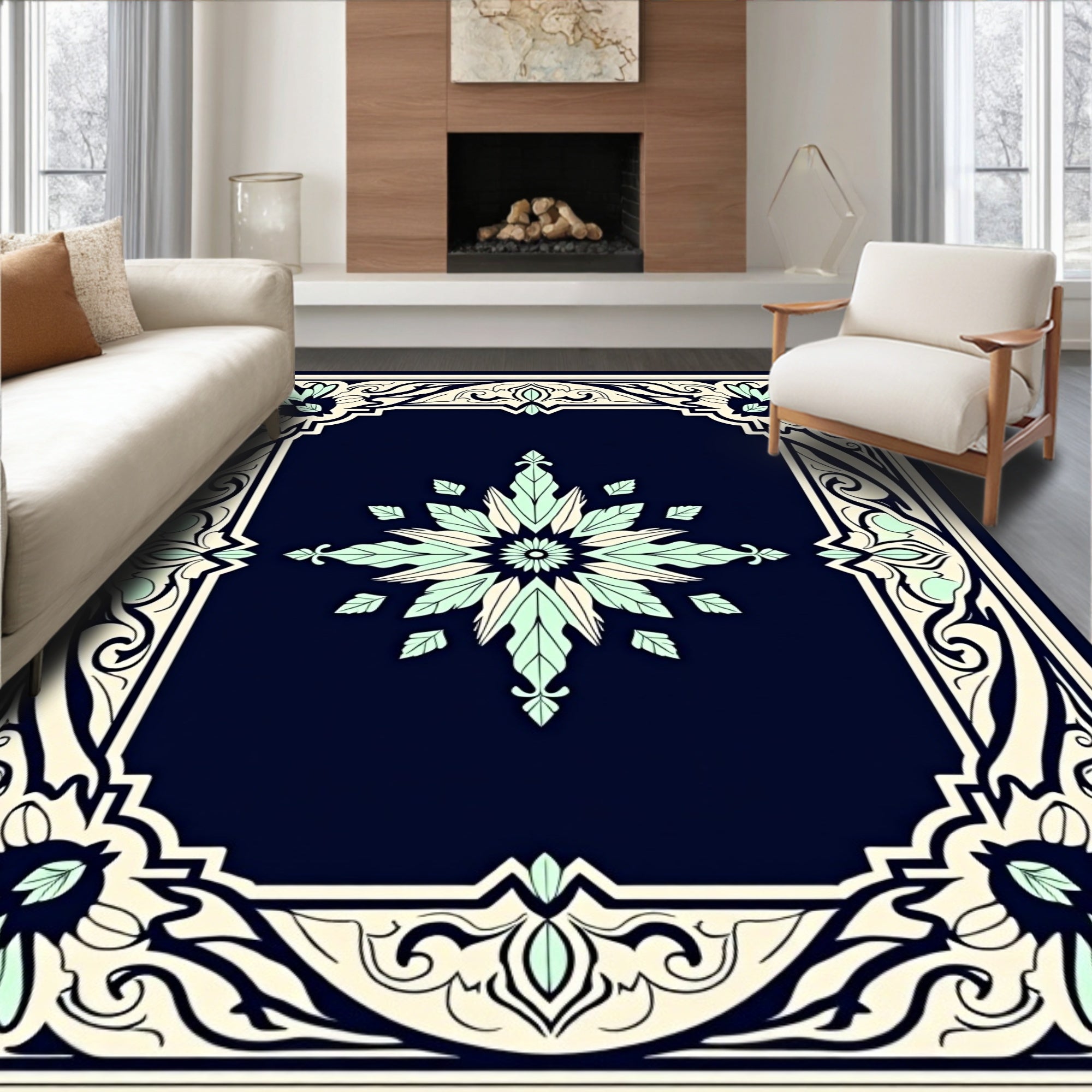 Intricate Floral Frame Dark Blue Rug