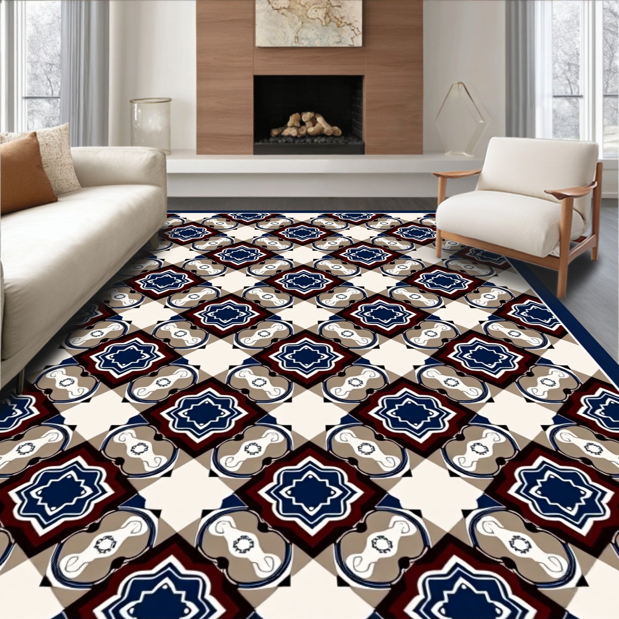 Geometric Lattice Indigo Burgundy Design Rug
