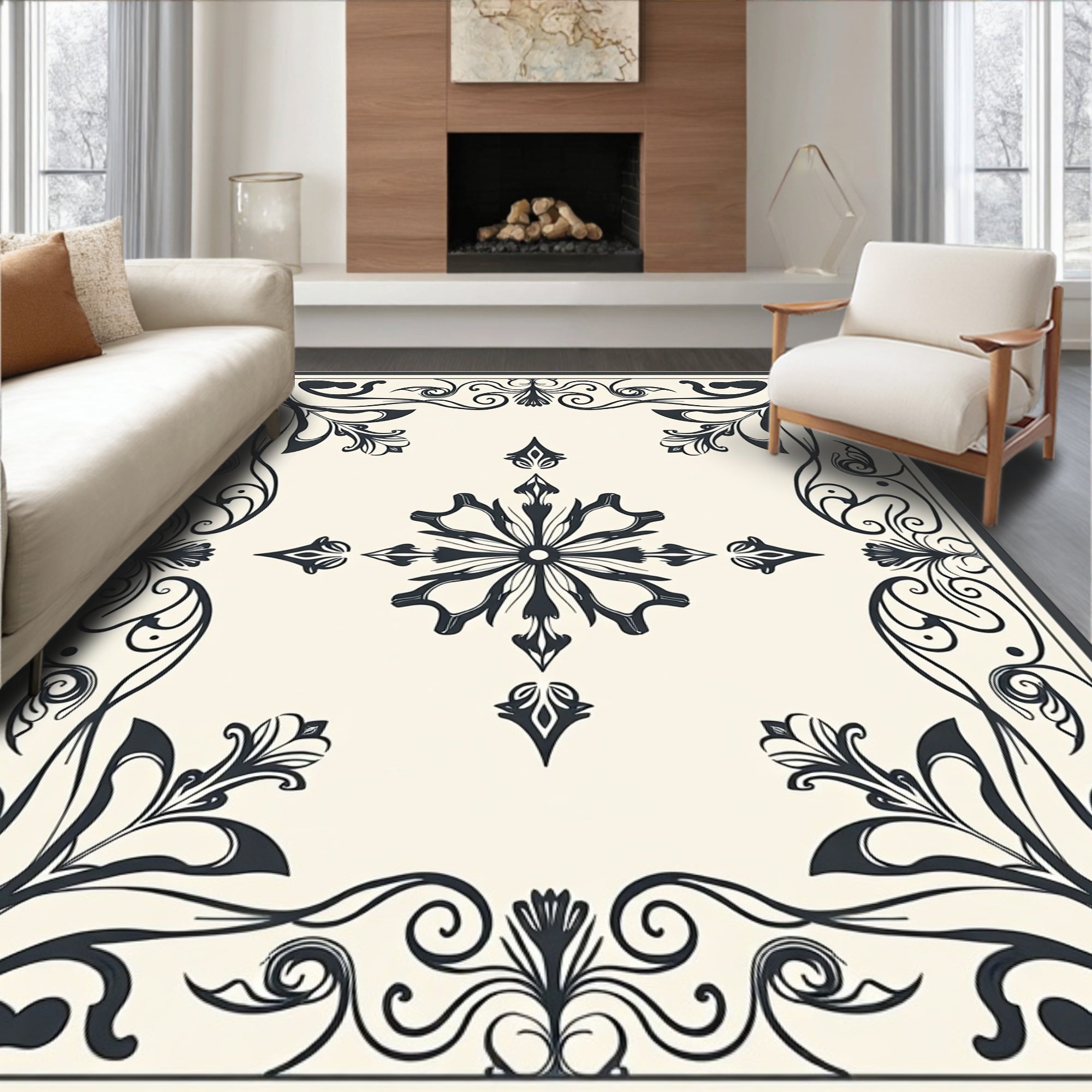 Ornate Floral Scrollwork Motif Rug