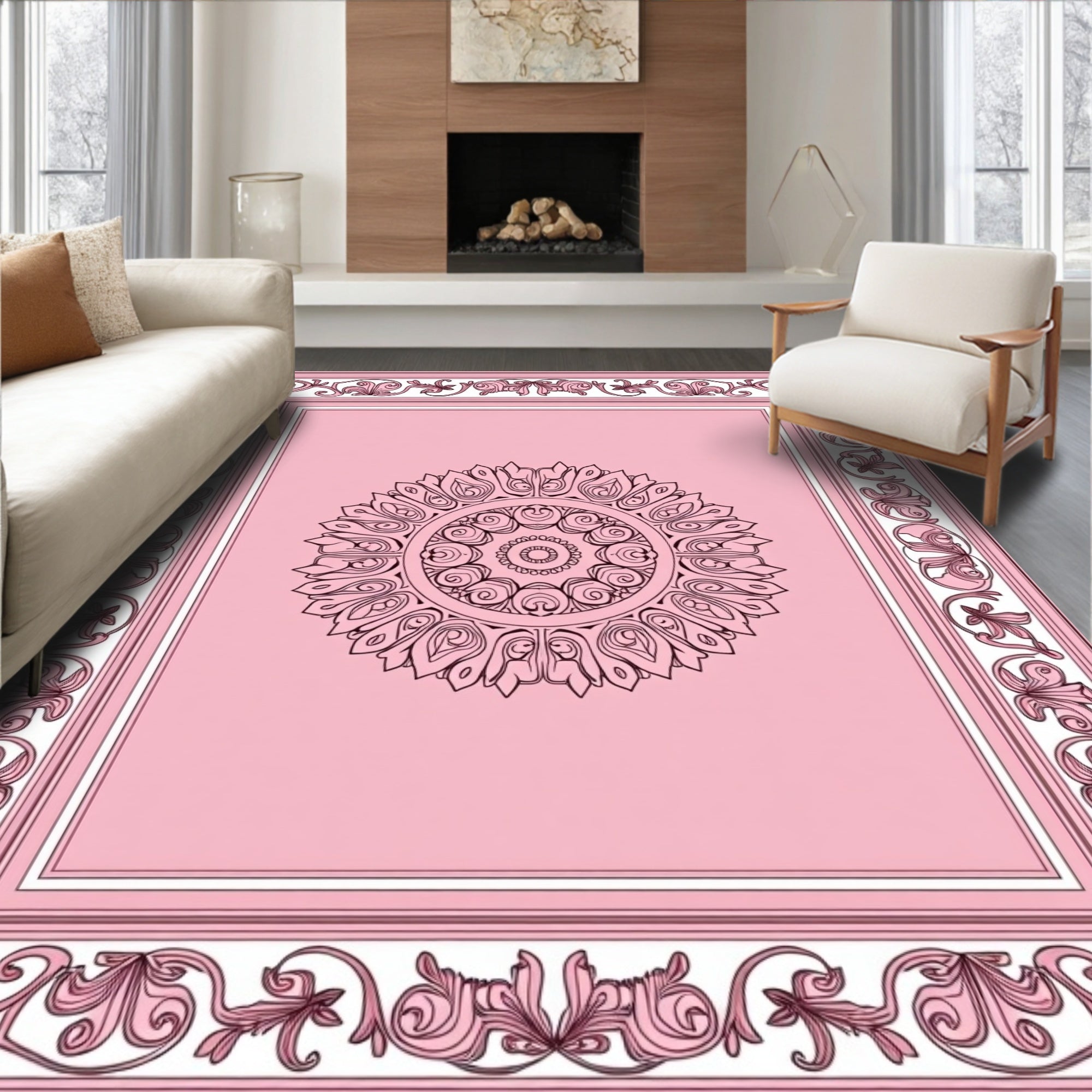 Ornate Pink Floral Mandala Design Rug