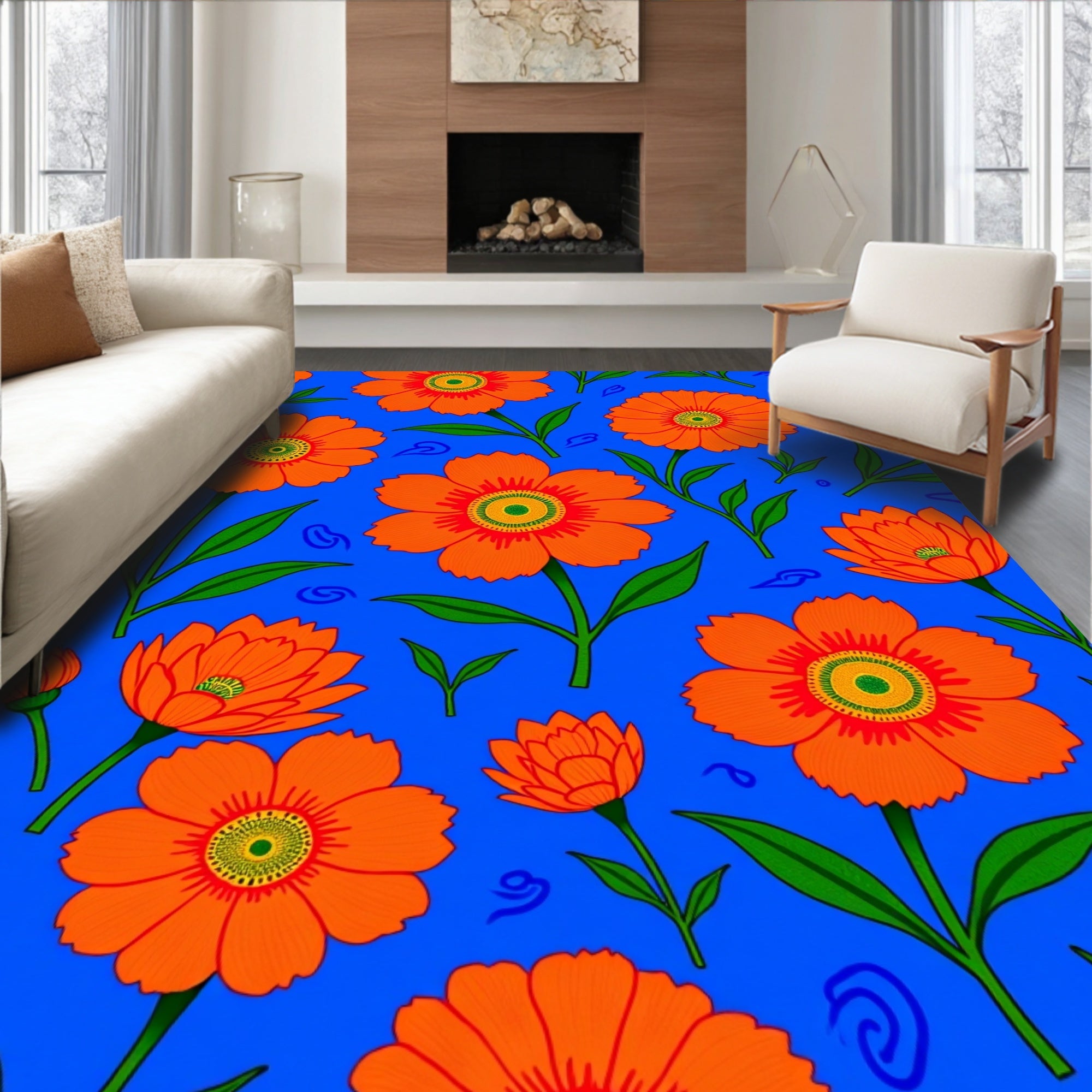 Vibrant Orange Floral Pattern Design Rug