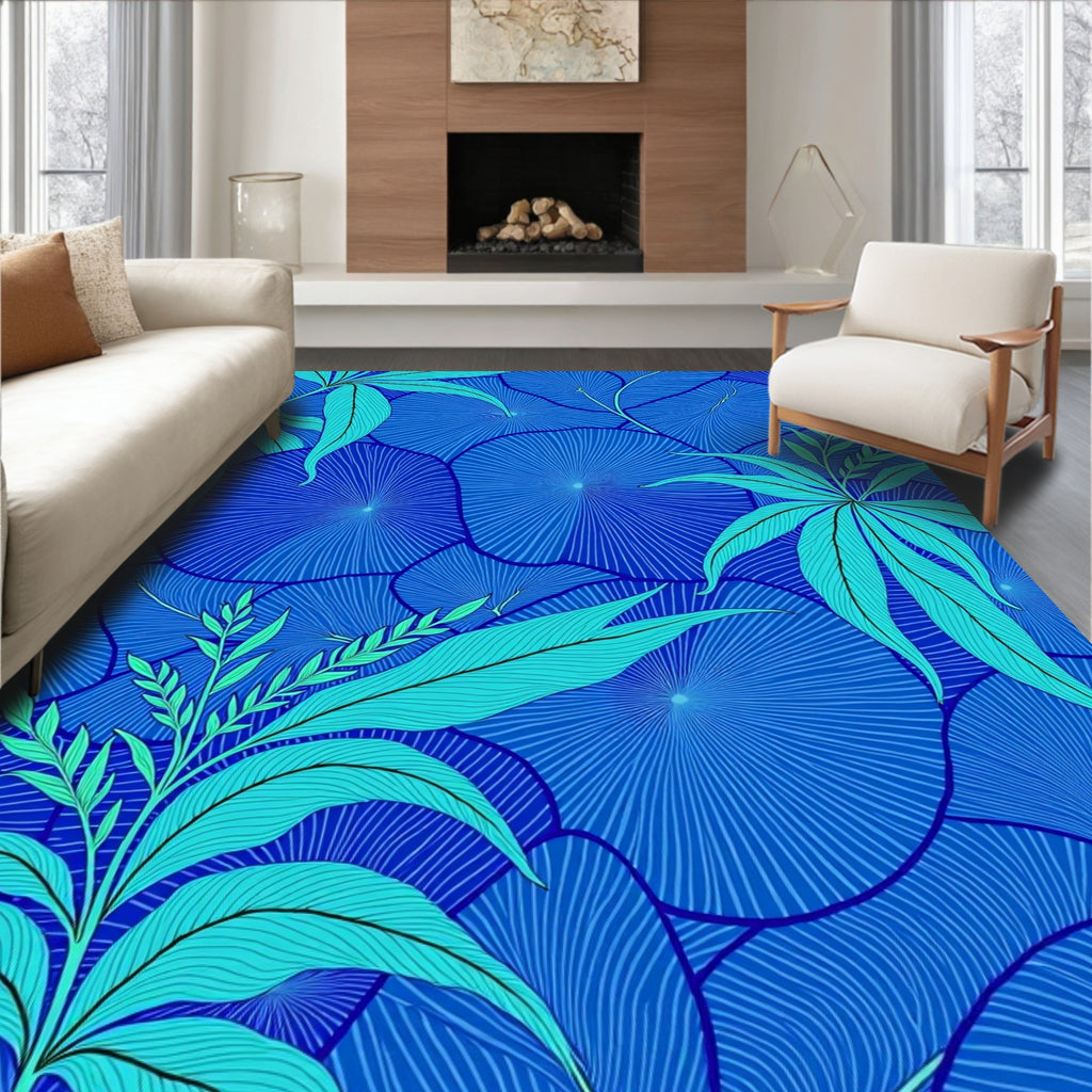 Teal Leaves on Deep Blue Circles Rug