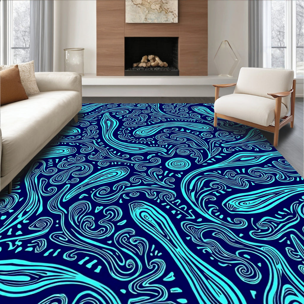 Abstract Swirls Navy Aqua Pattern Rug