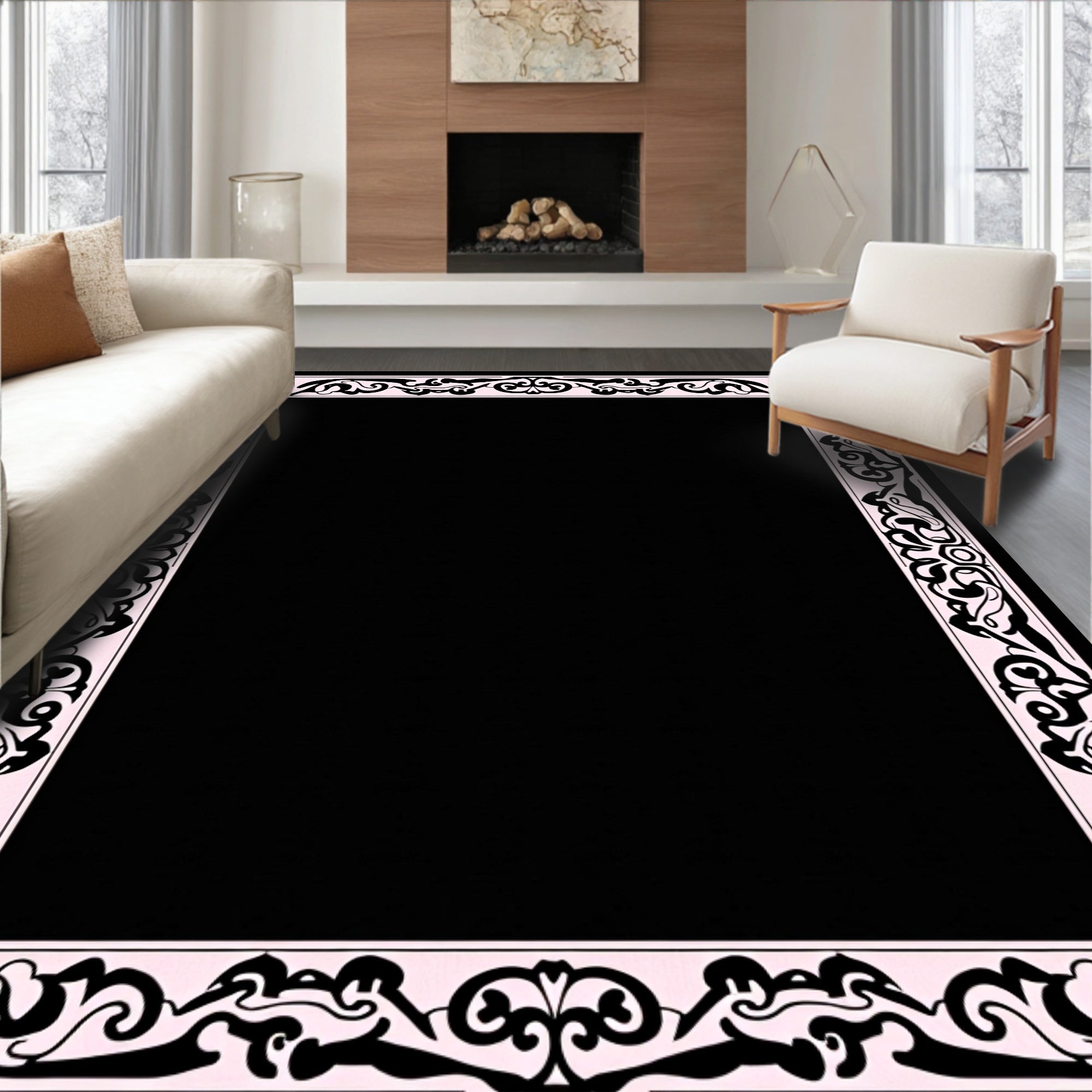 Elegant Black White Floral Border Design Rug