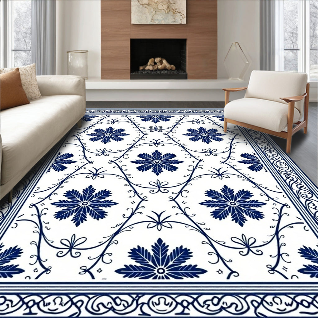 Classic Blue Floral Vine Pattern Rug