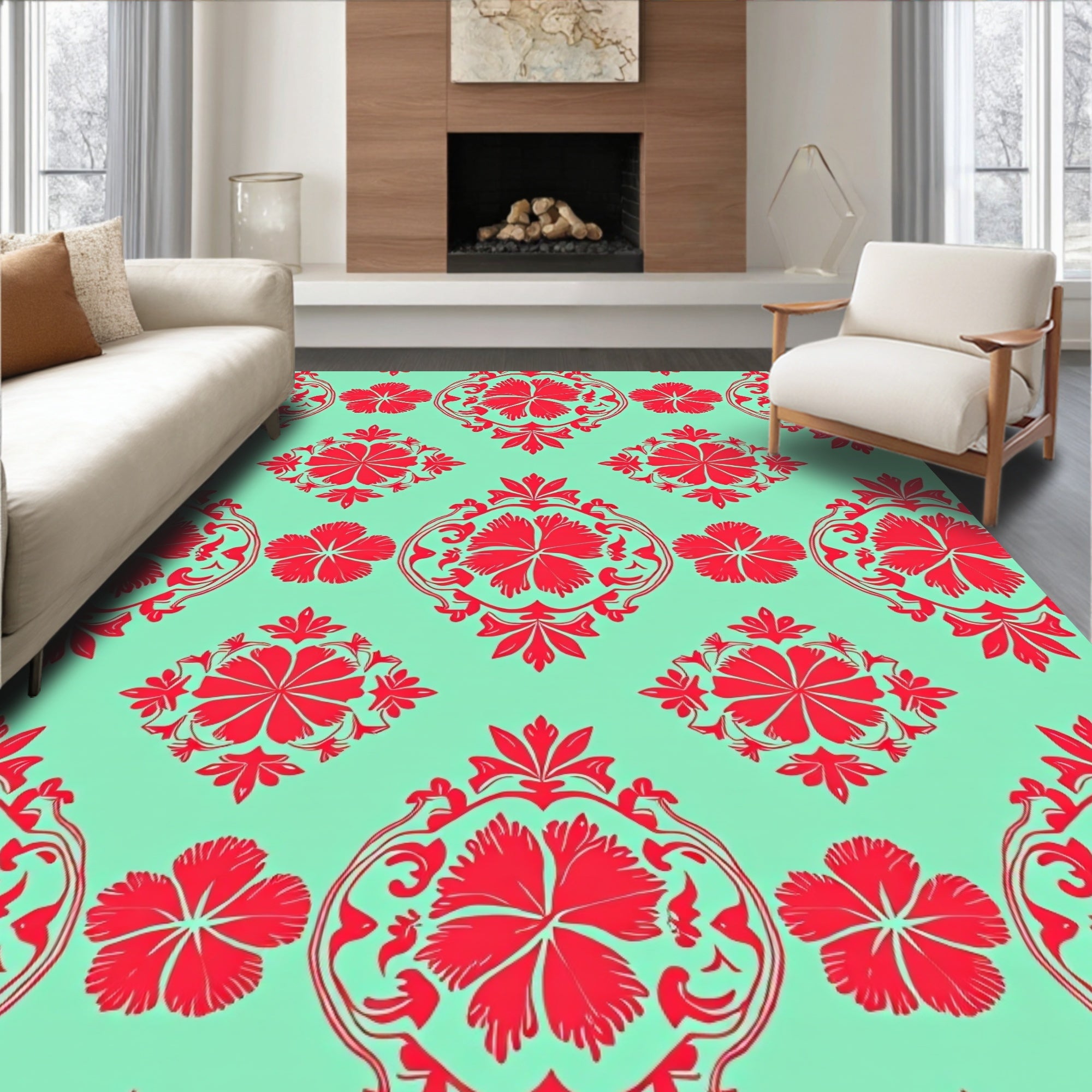 Red Floral Damask Pattern Rug