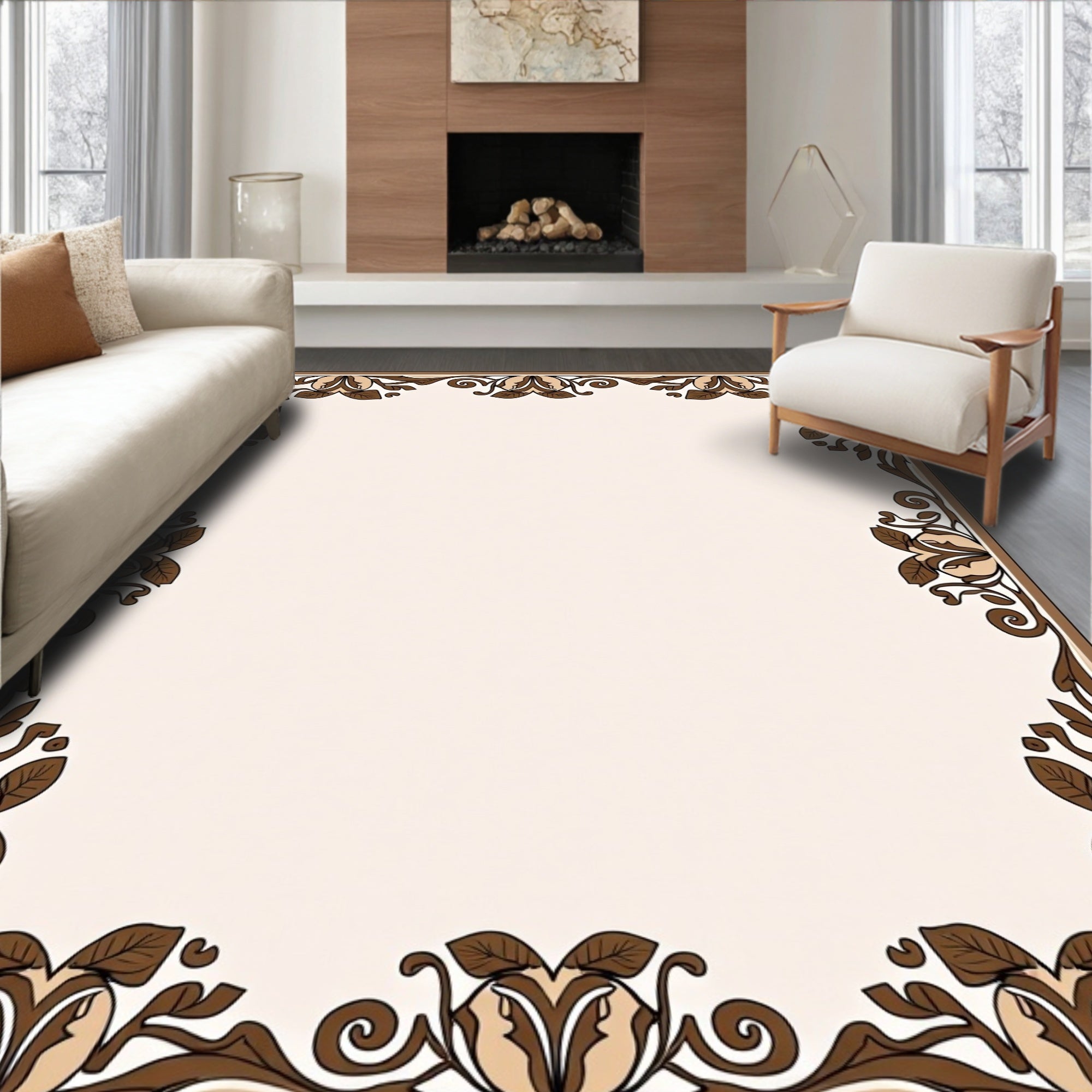 Brown Floral Vine Border Design Rug