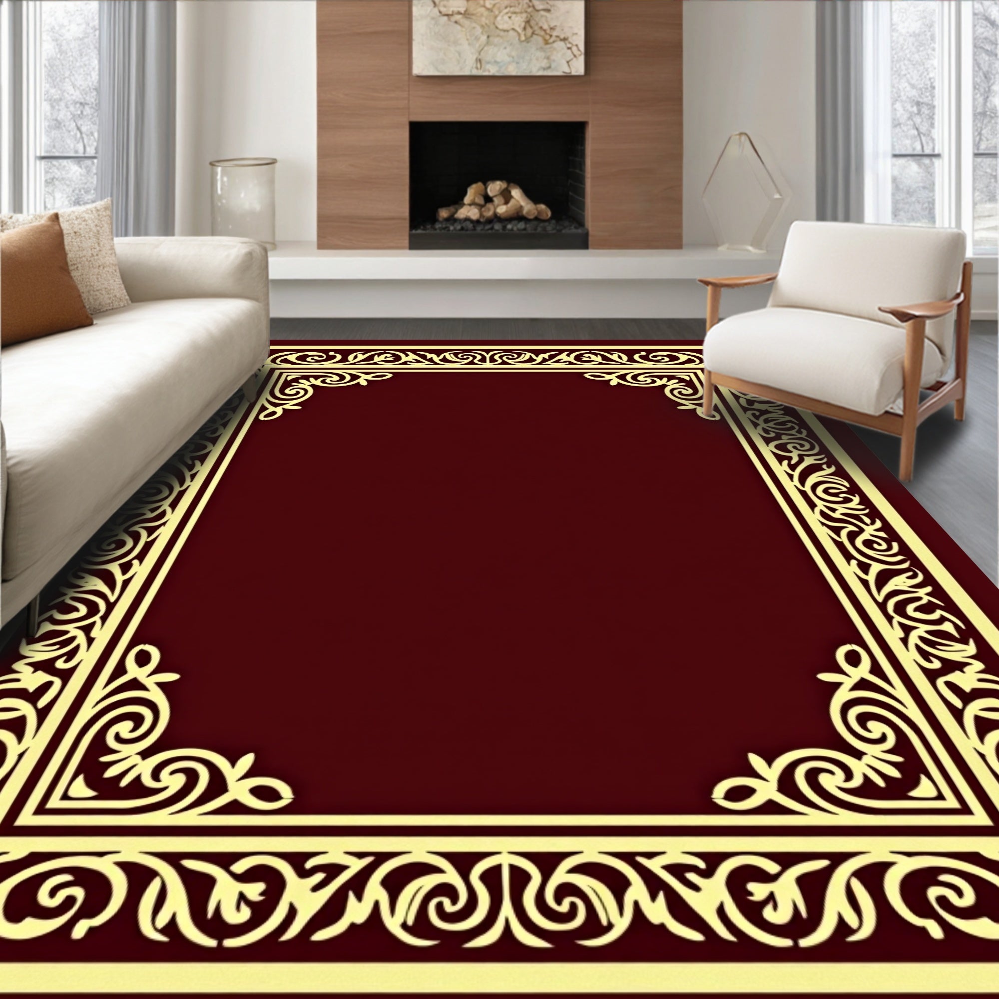 Elegant Gold Scrollwork Border Design Rug