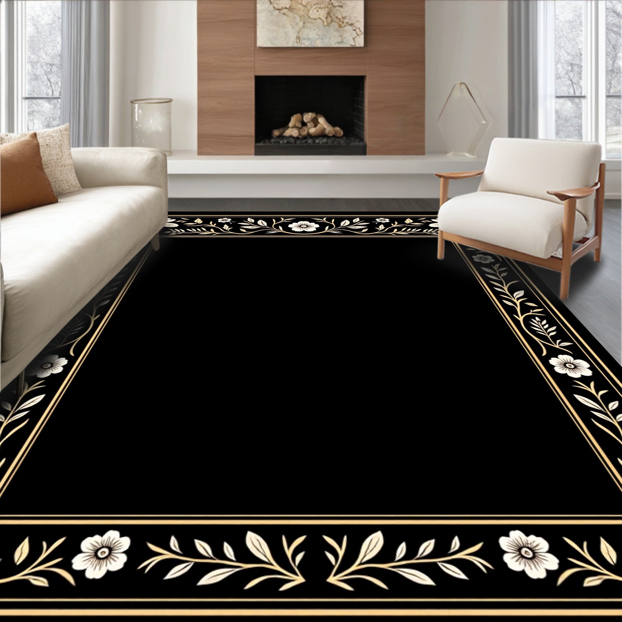 Elegant Floral Scroll Border Design Rug