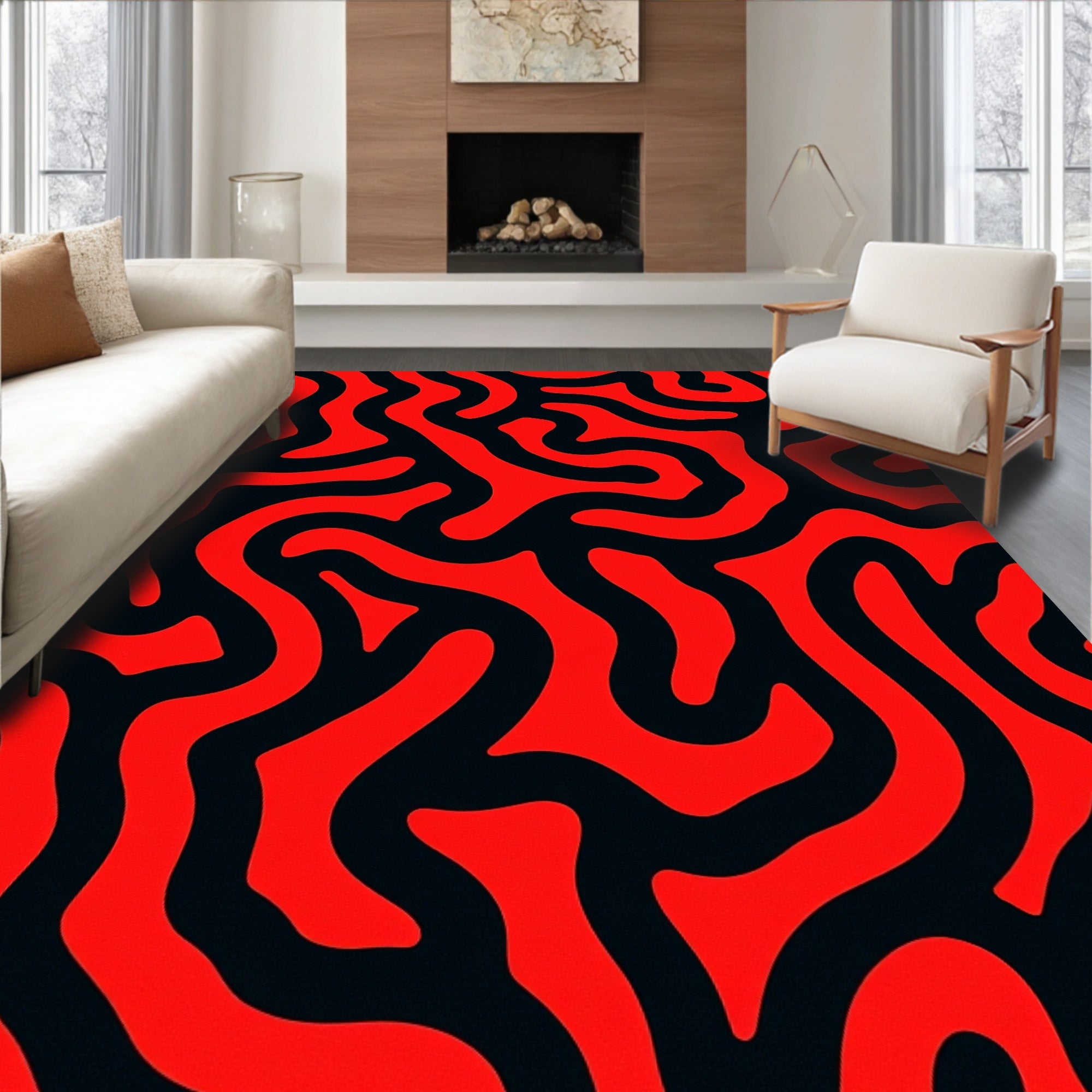 Red Black Abstract Organic Pattern Rug