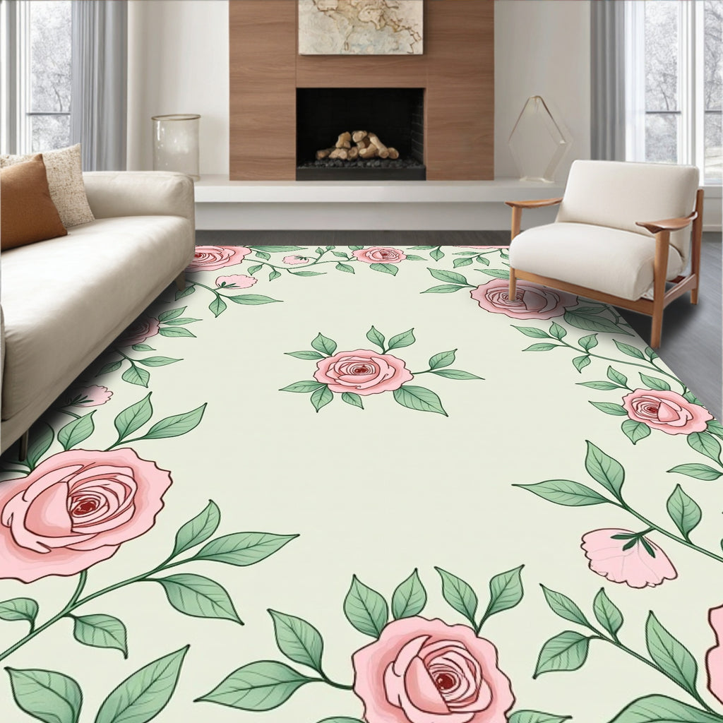 Pink Rose Vine Floral Pattern Rug