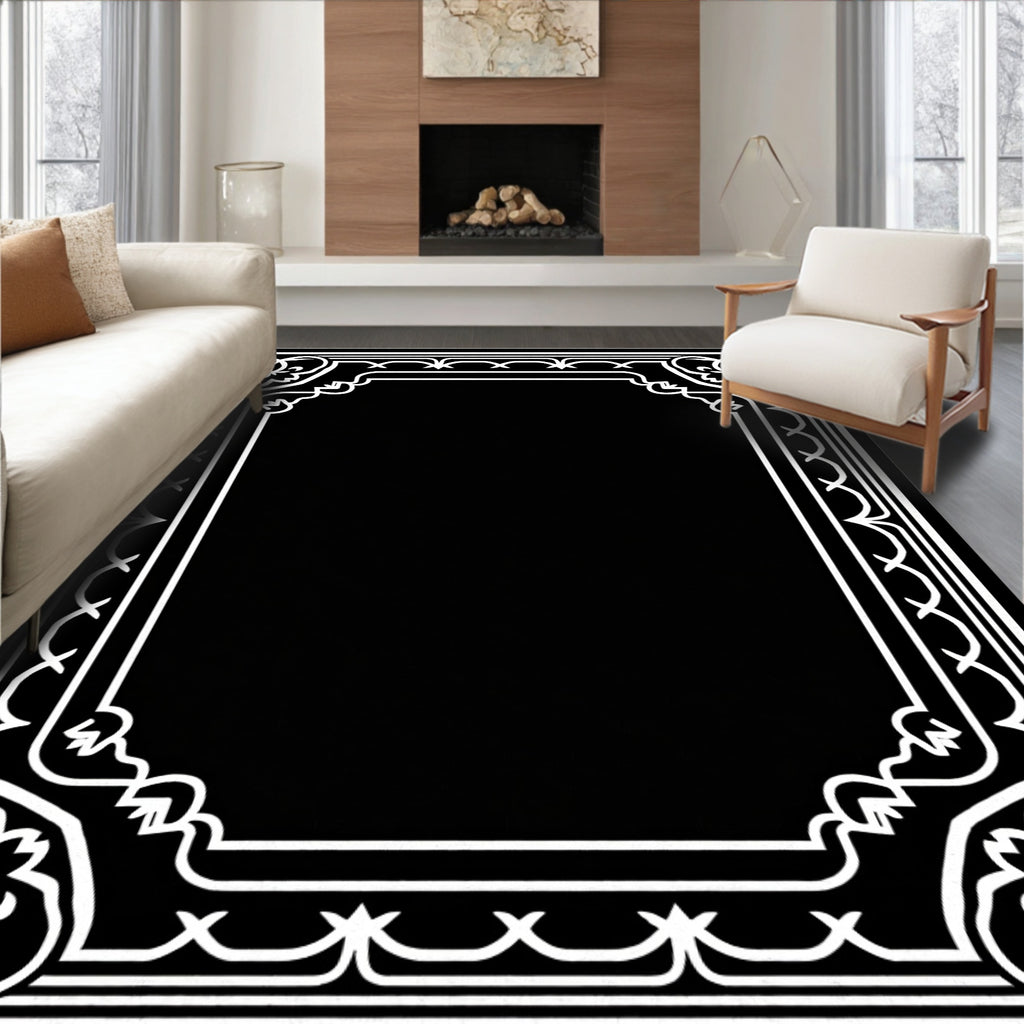 Ornate Black White Floral Frame Rug