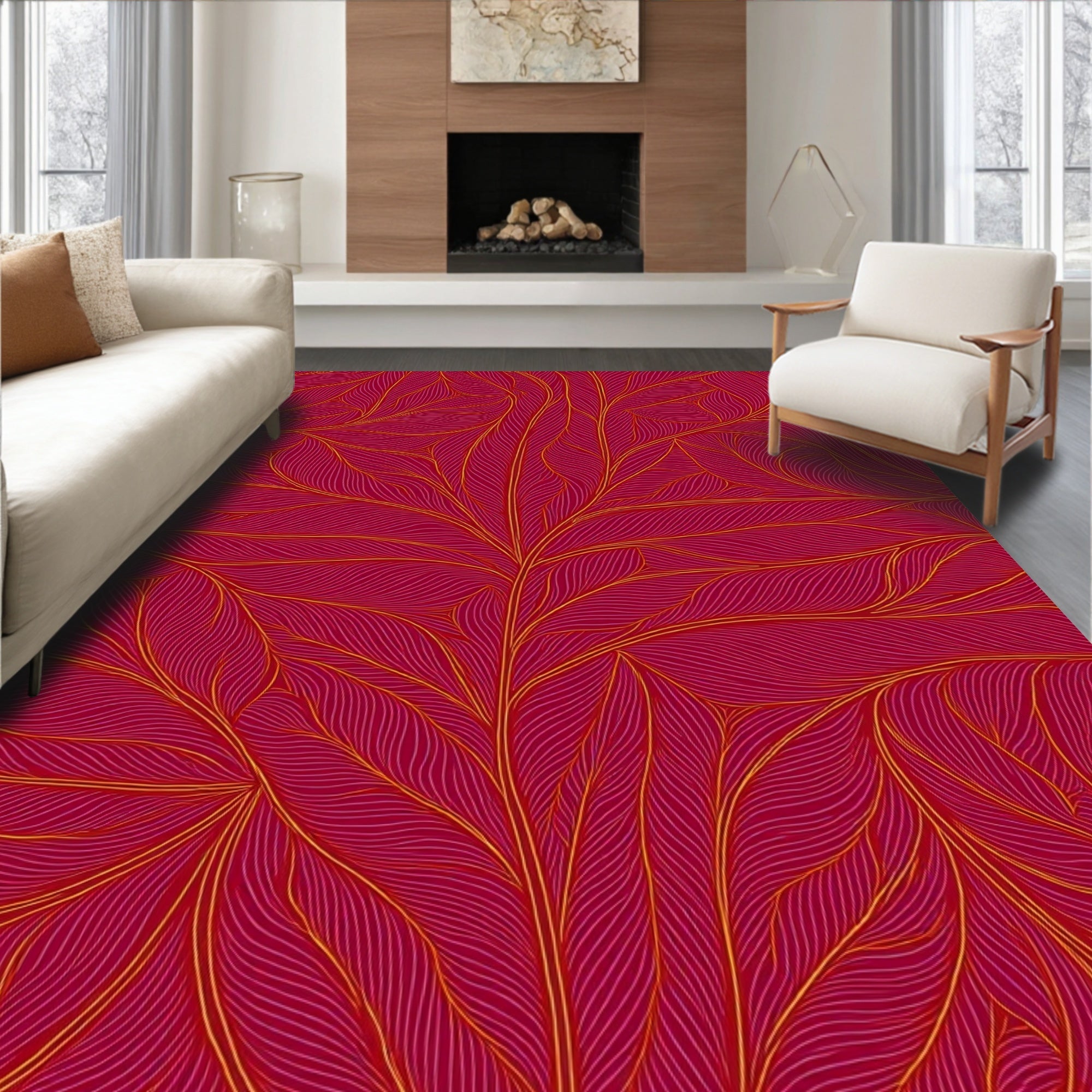 Crimson Ditsy Leaf Flow Pattern Rug