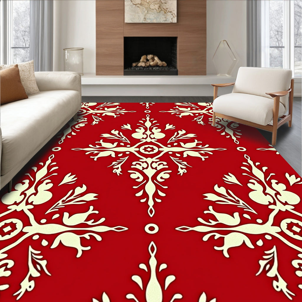 Classic Red Cream Floral Damask Rug