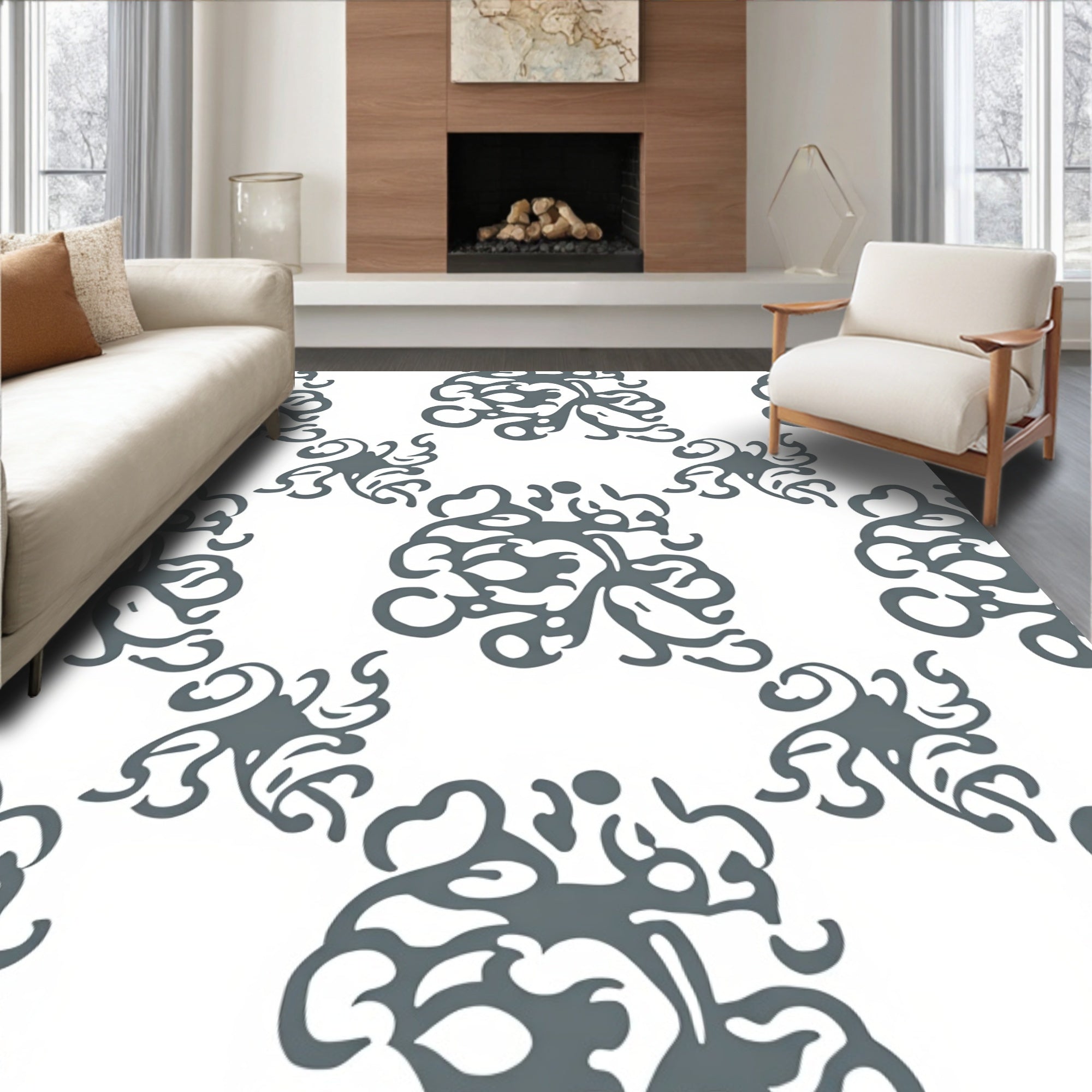 Ornate Floral Patterned Grey Rug