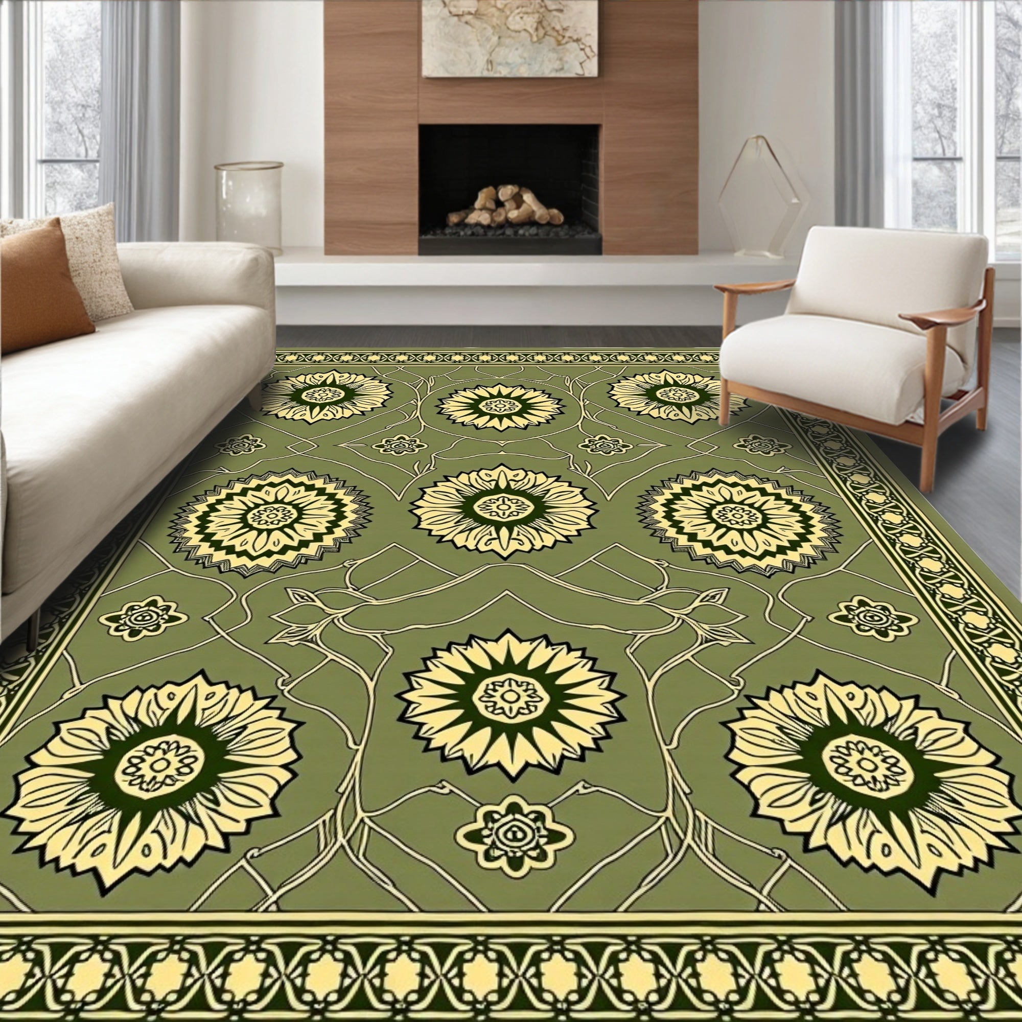 Olive Green Floral Medallion Border Rug