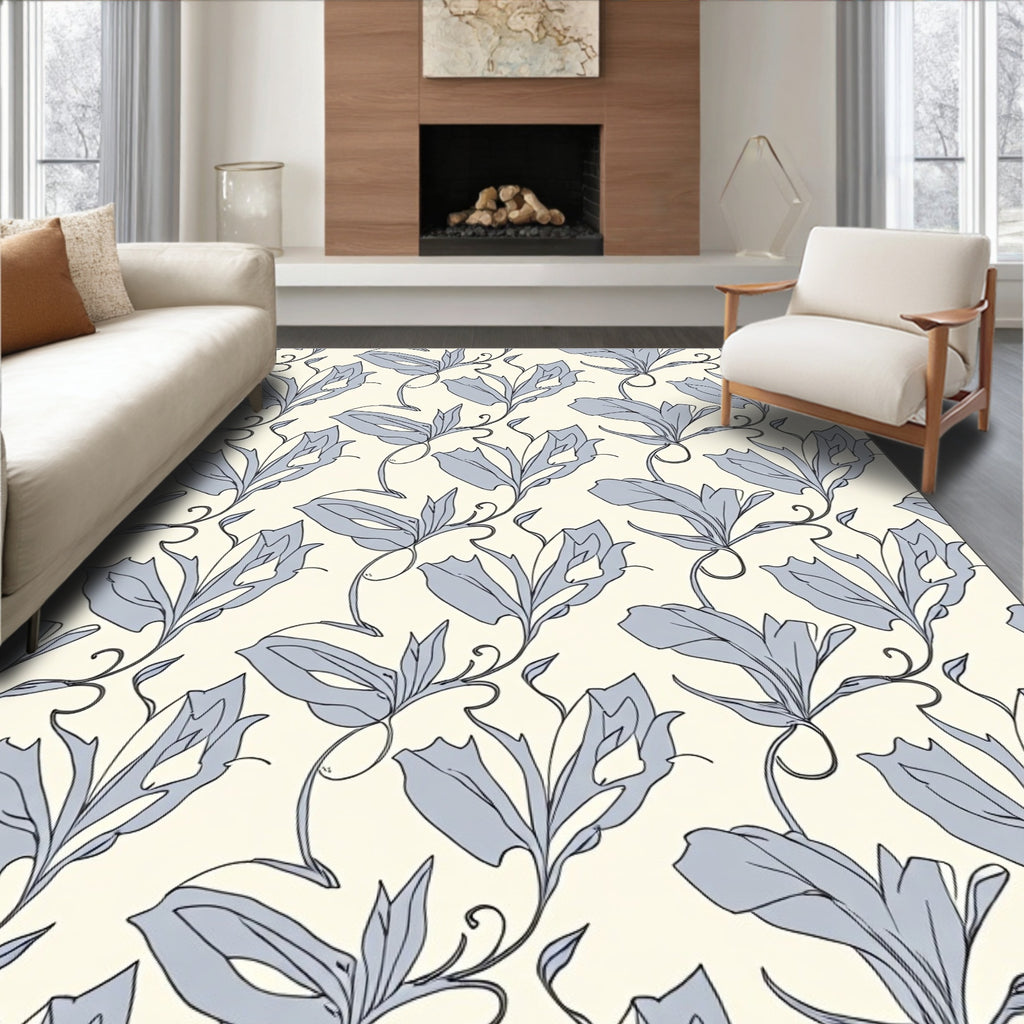 Cream And Blue Floral Vine Pattern Rug