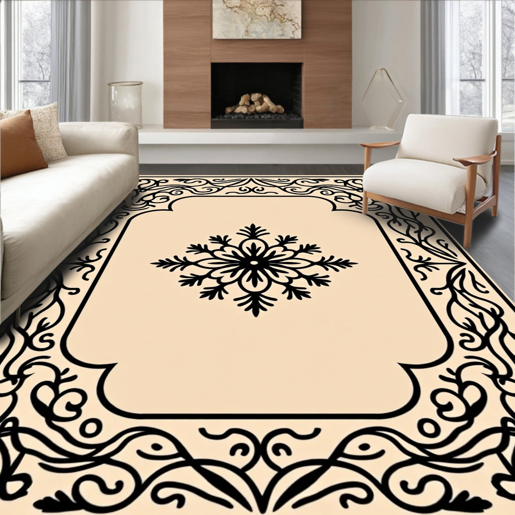 Ornate Floral Scrollwork and Snowflake Motif Rug