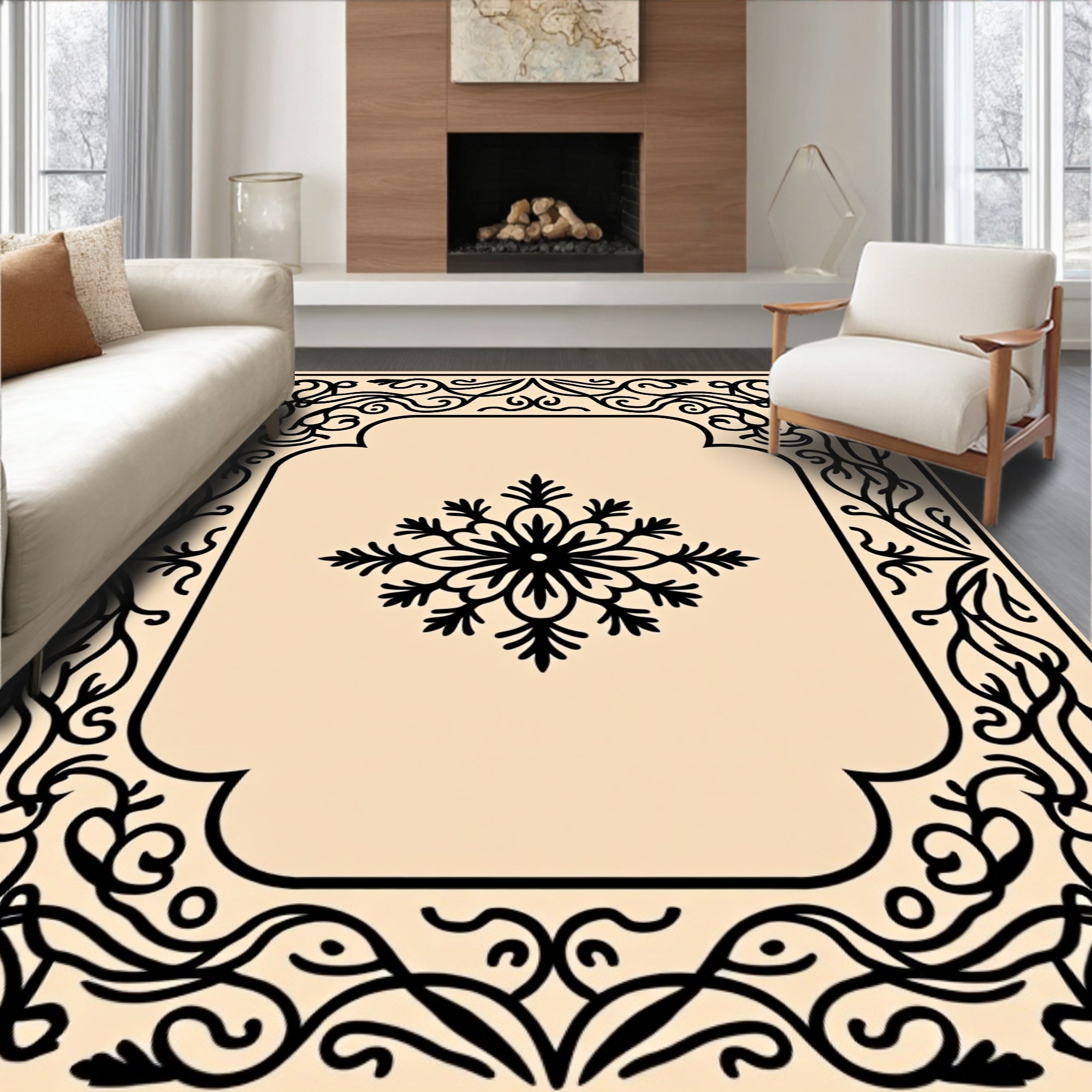 Ornate Floral Scrollwork and Snowflake Motif Rug