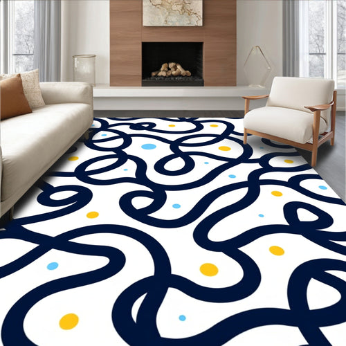 Abstract Navy Swirls With Yellow Dots Rug