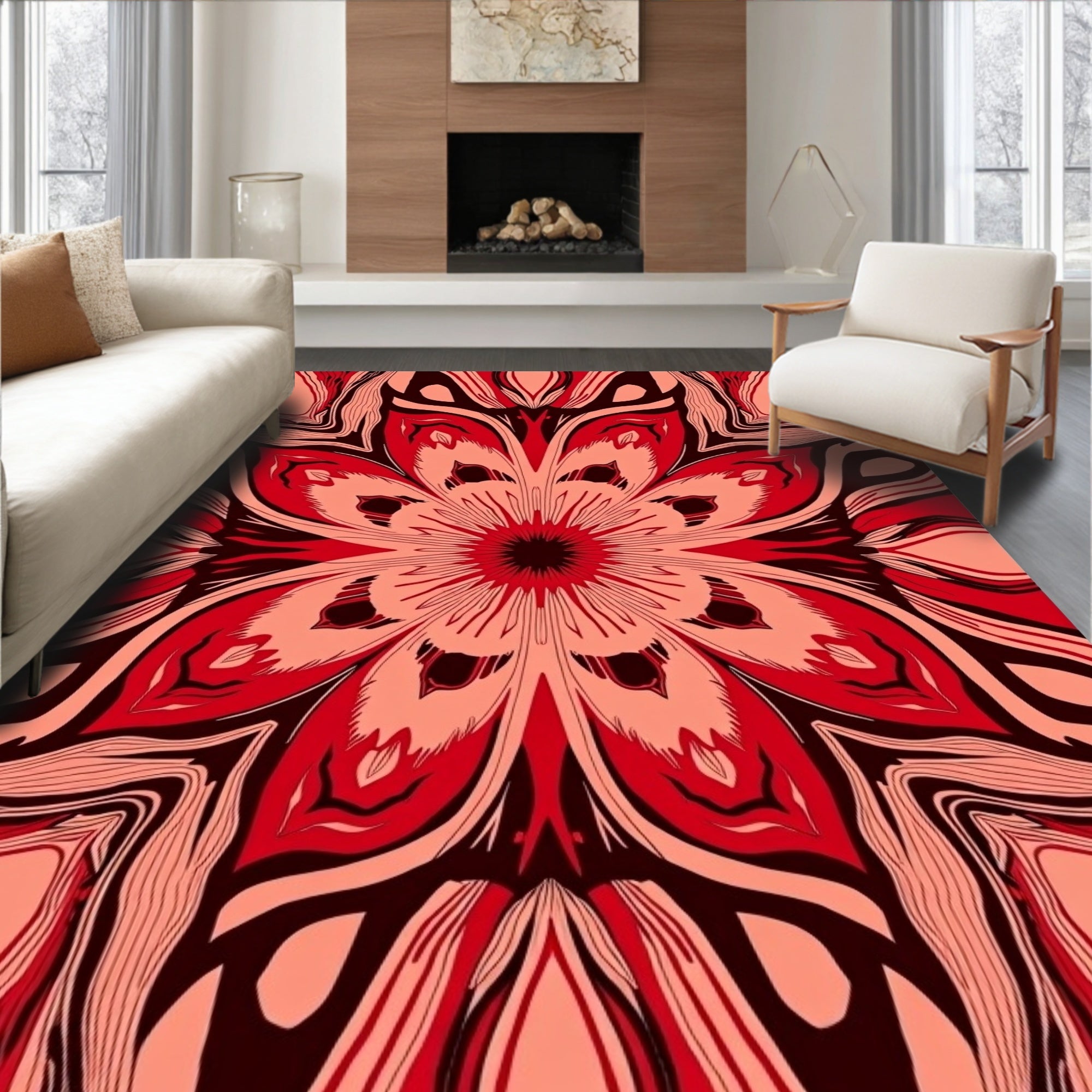 Radiant Red Floral Mandala Design Rug