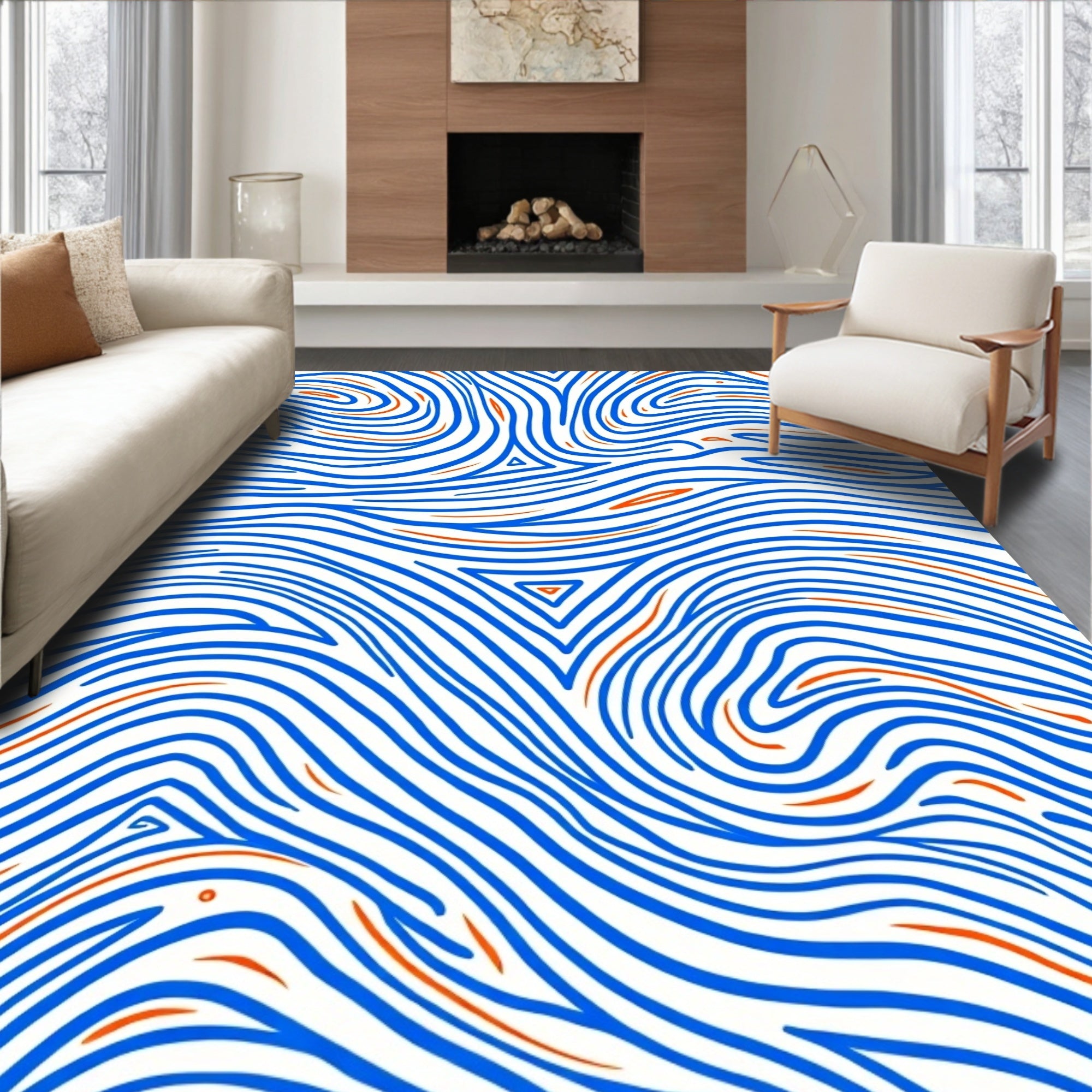 Abstract Blue Orange Flowing Lines Rug