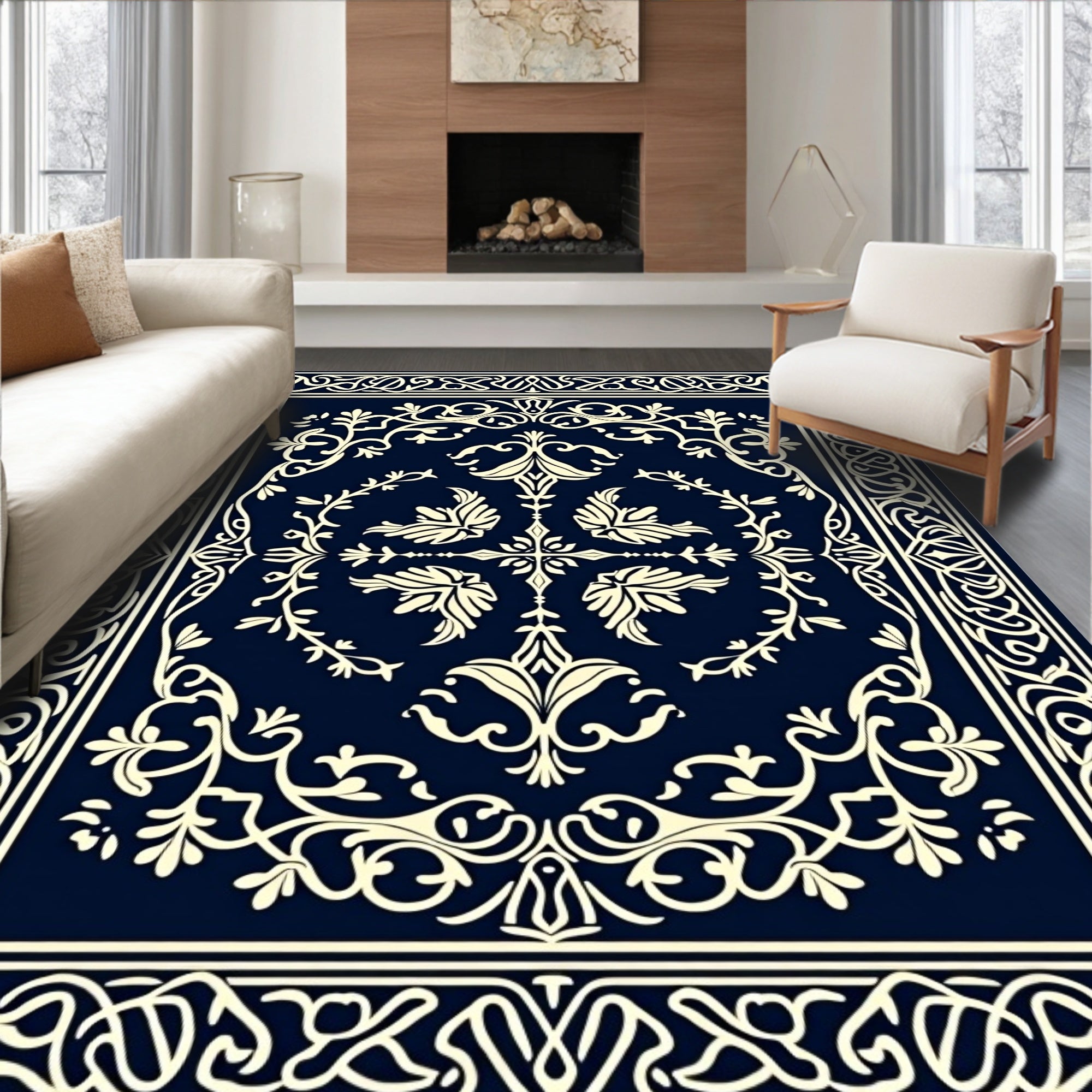 Dark Blue Cream Floral Scroll Rug