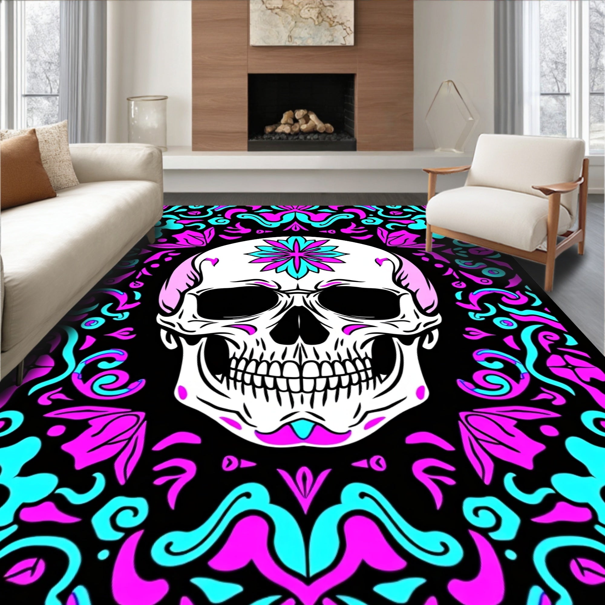Skull With Vibrant Floral Border Rug