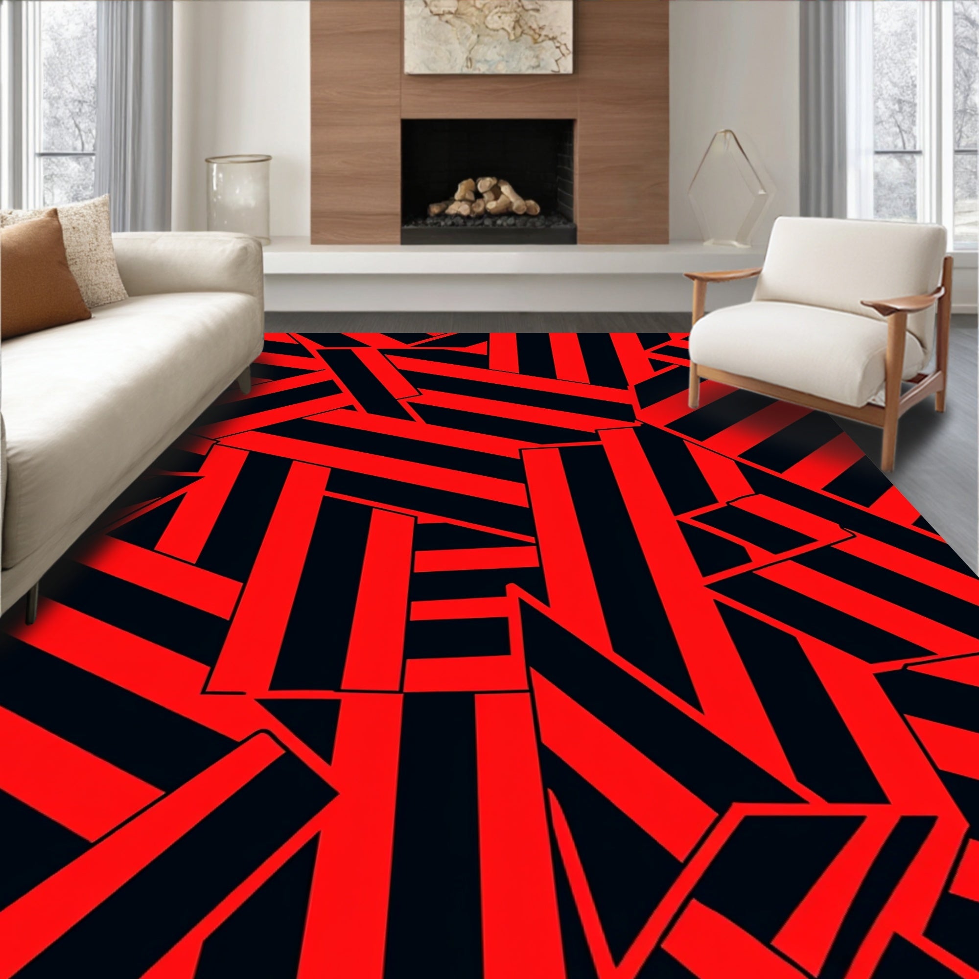 Bold Red Black Abstract Stripe Rug