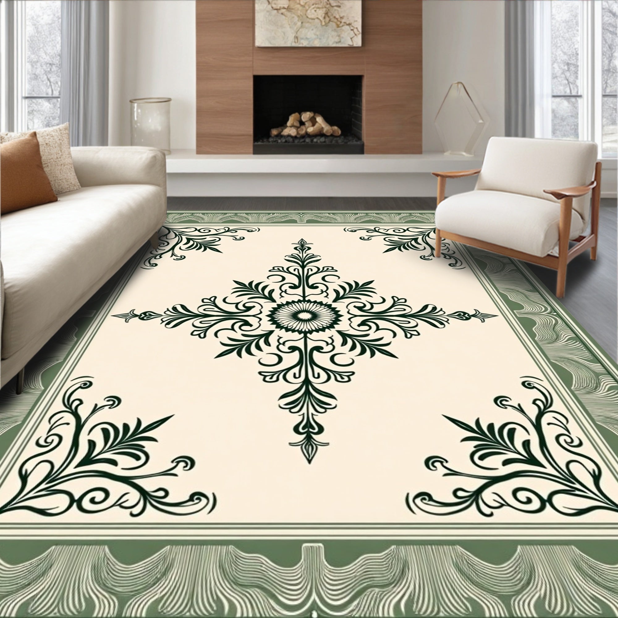 Elegant Creme Green Floral Medallion Rug