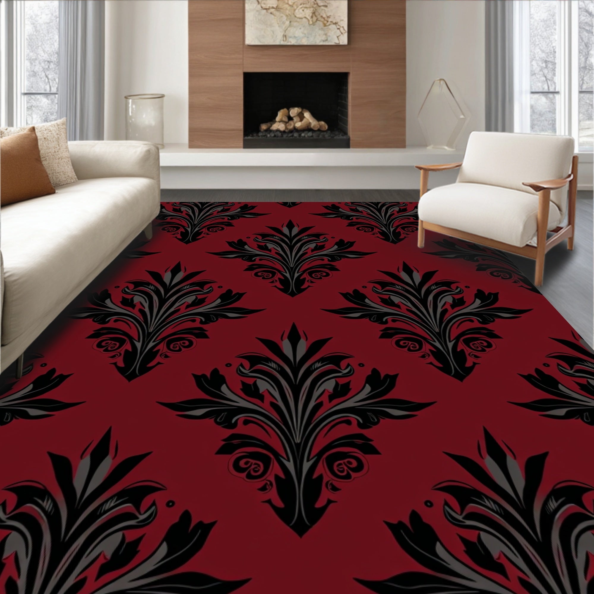 Dark Red and Black Damask Pattern Rug