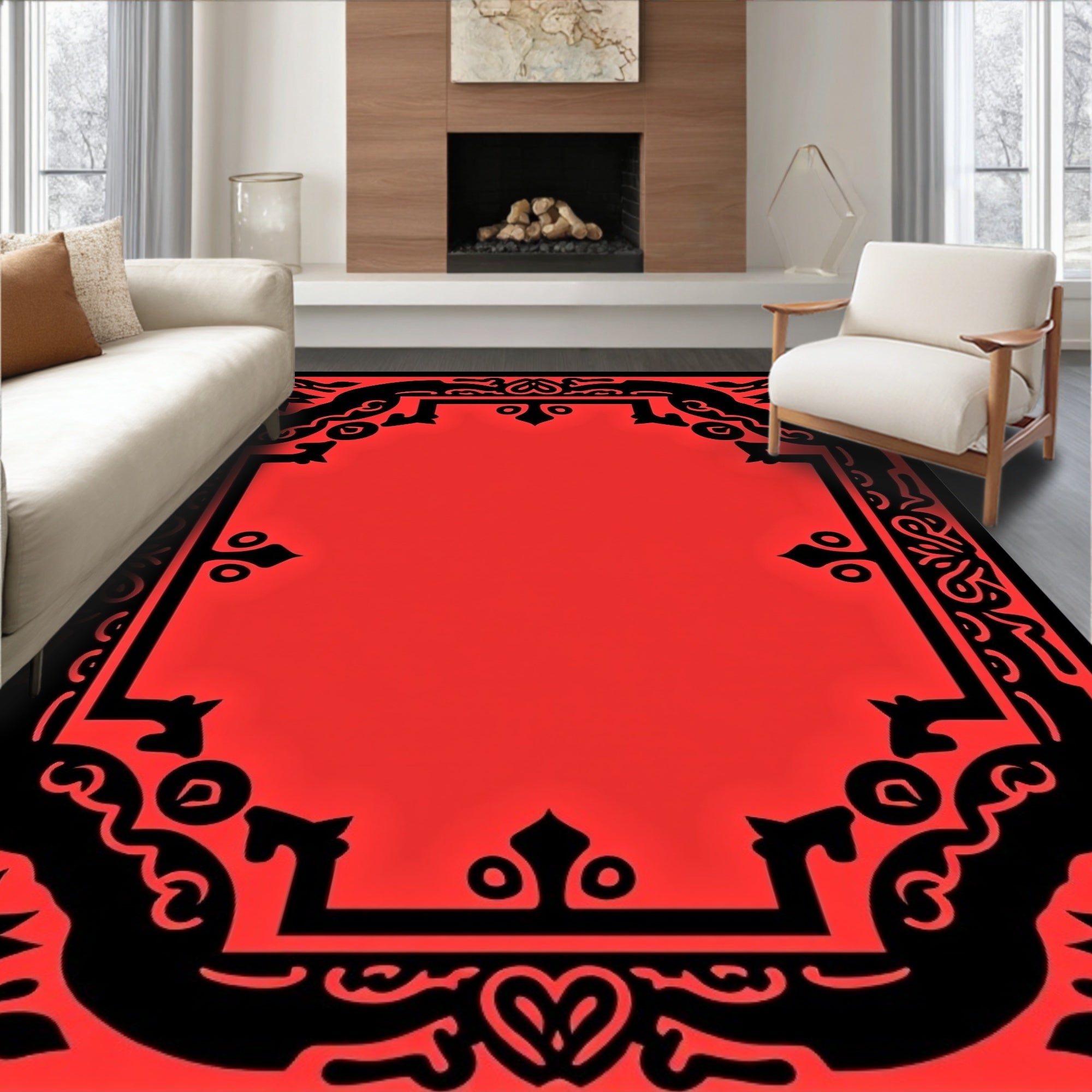 Red Black Oriental Creature Frame Rug