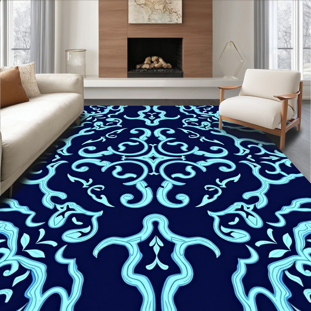 Intricate Scrollwork Aqua Pattern Rug