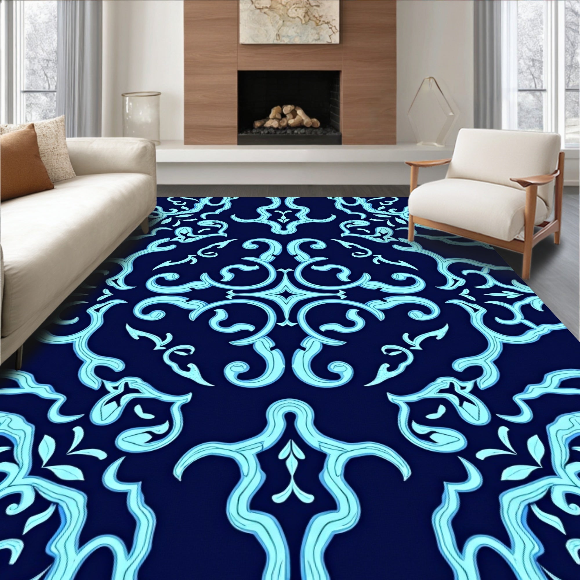 Intricate Scrollwork Aqua Pattern Rug