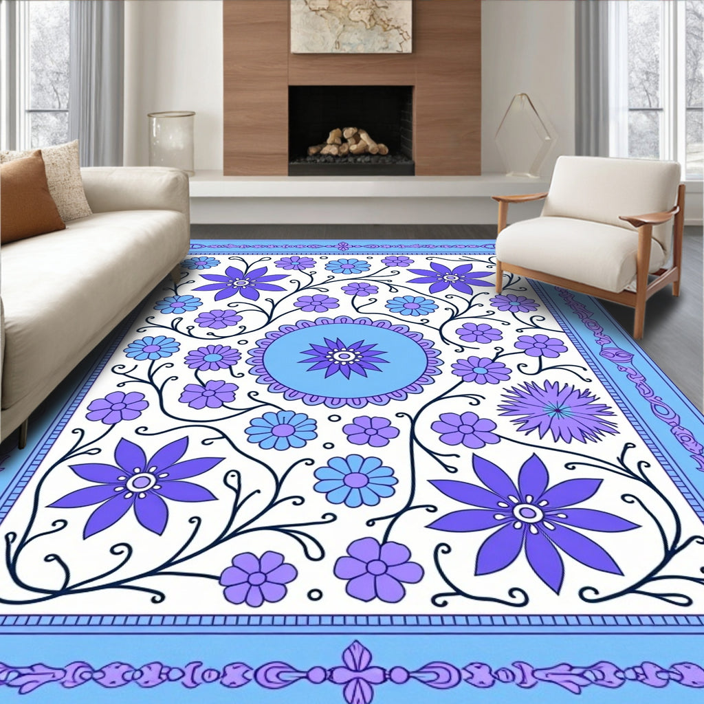 Whimsical Floral Pattern With Decorative Border Rug