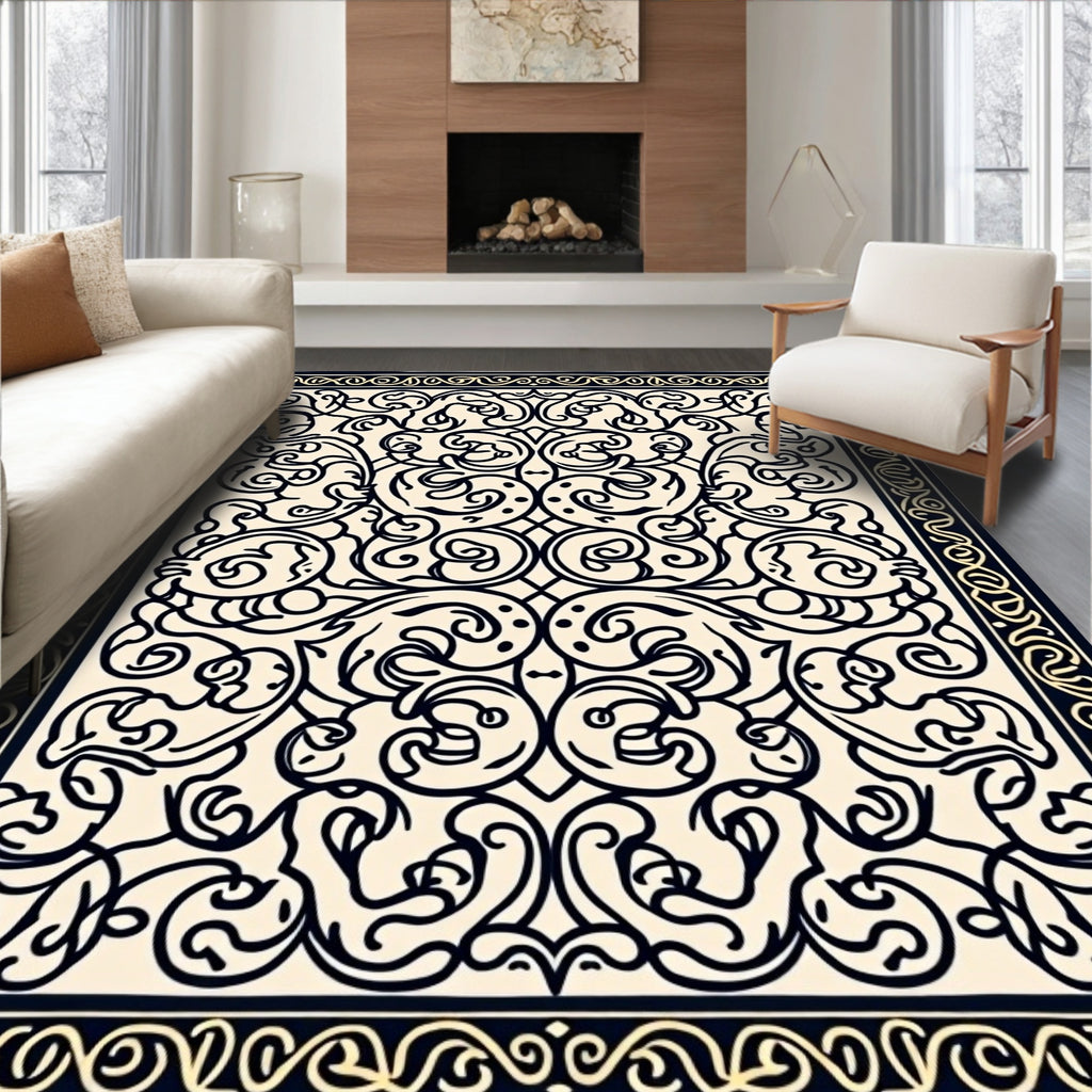 Ornate Black and Cream Scrollwork Rug