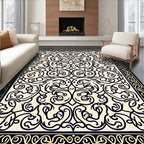 Ornate Black and Cream Scrollwork Rug