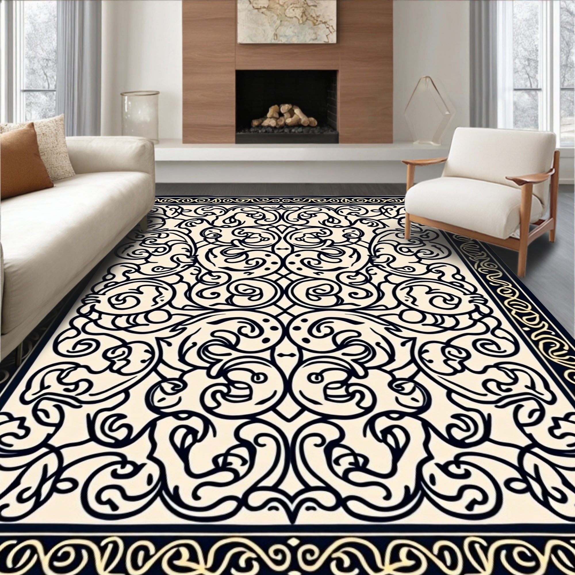 Ornate Black and Cream Scrollwork Rug