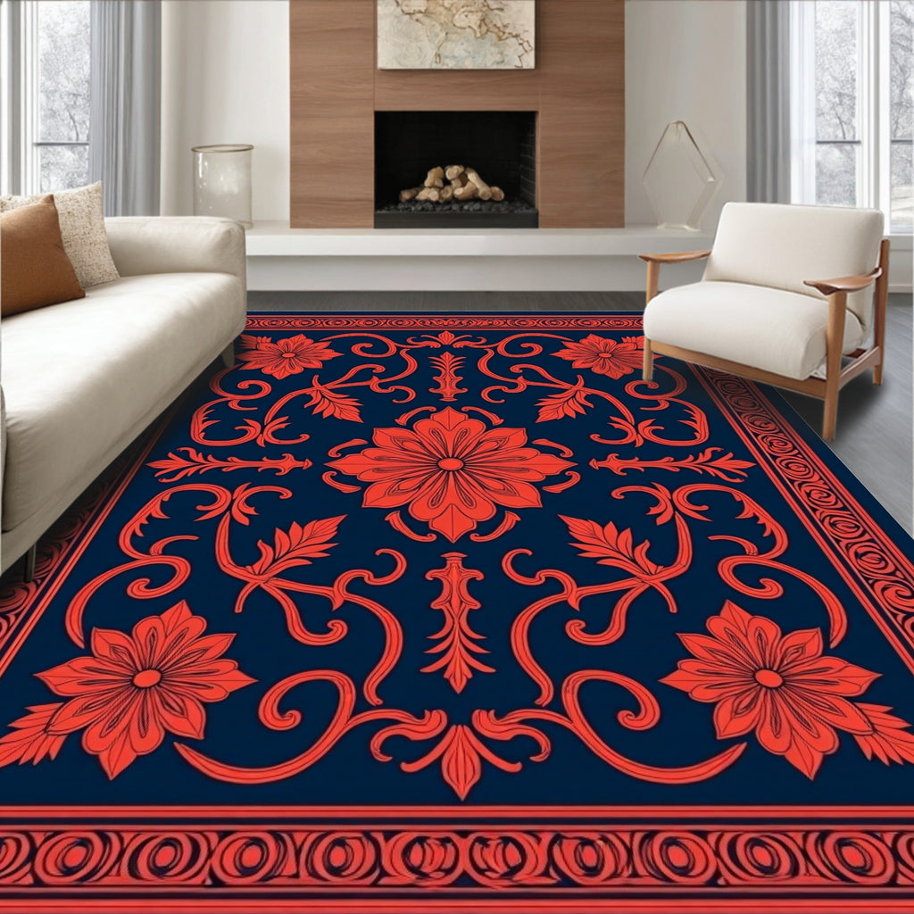 Coral Floral Tiled Indigo Design Rug