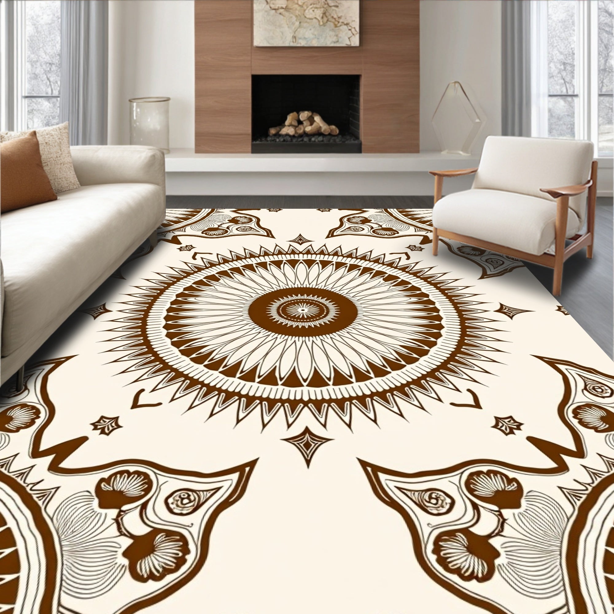 Brown Floral Sunburst Pattern Rug