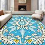 Blue Floral Swirl Medallion Pattern Rug