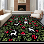 White Deer Red Holly Greenery Black Rug