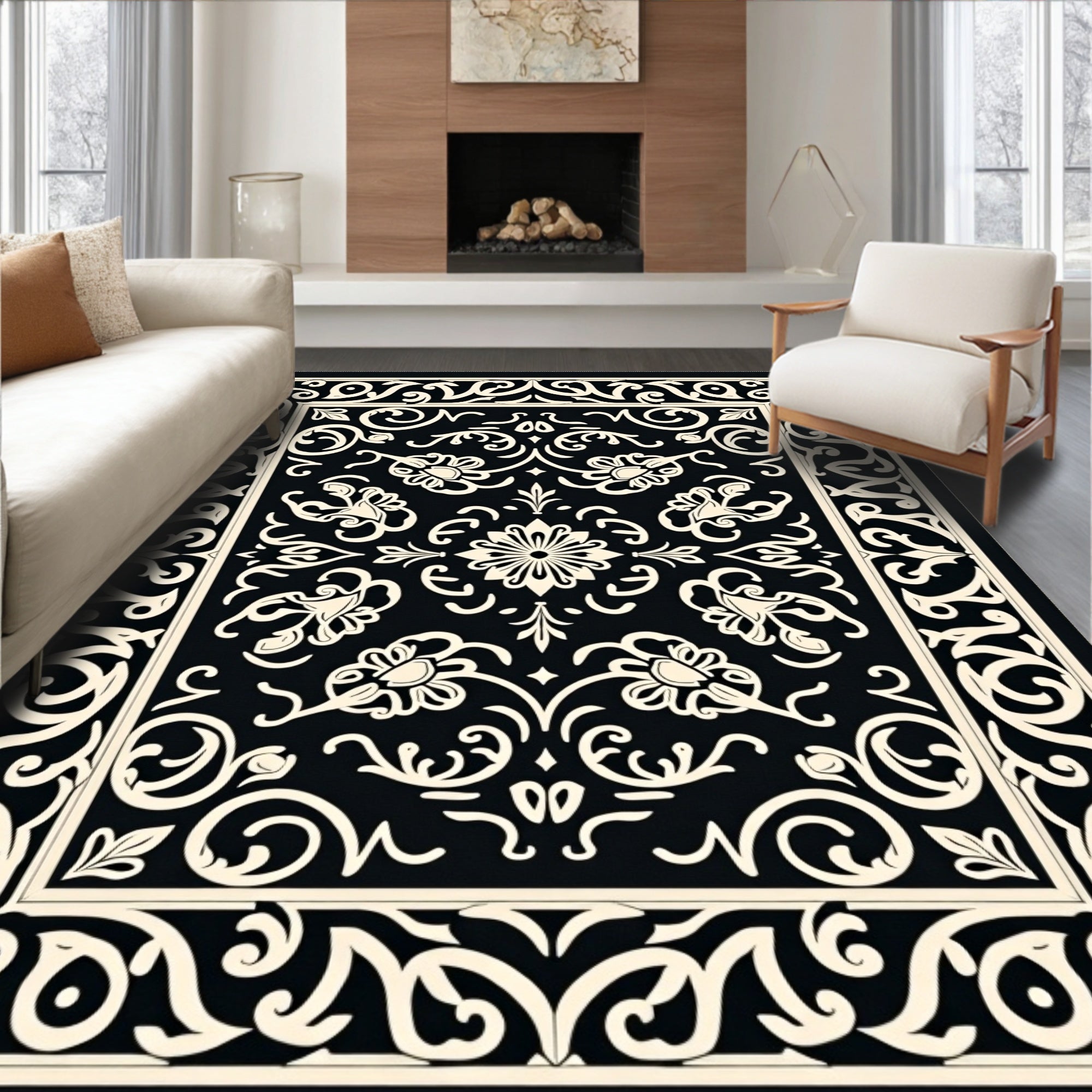 Black Ivory Ornate Floral Damask Rug