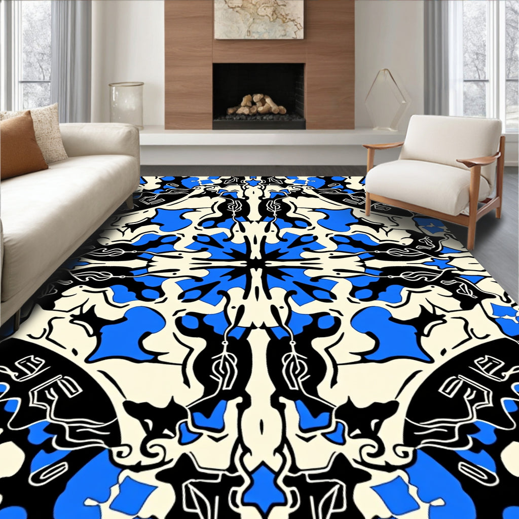 Bold Blue Black Cream Mandala Design Rug