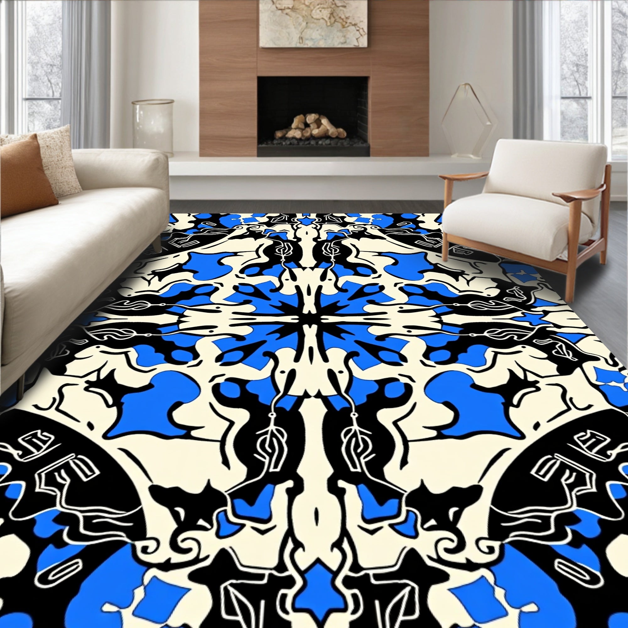 Bold Blue Black Cream Mandala Design Rug