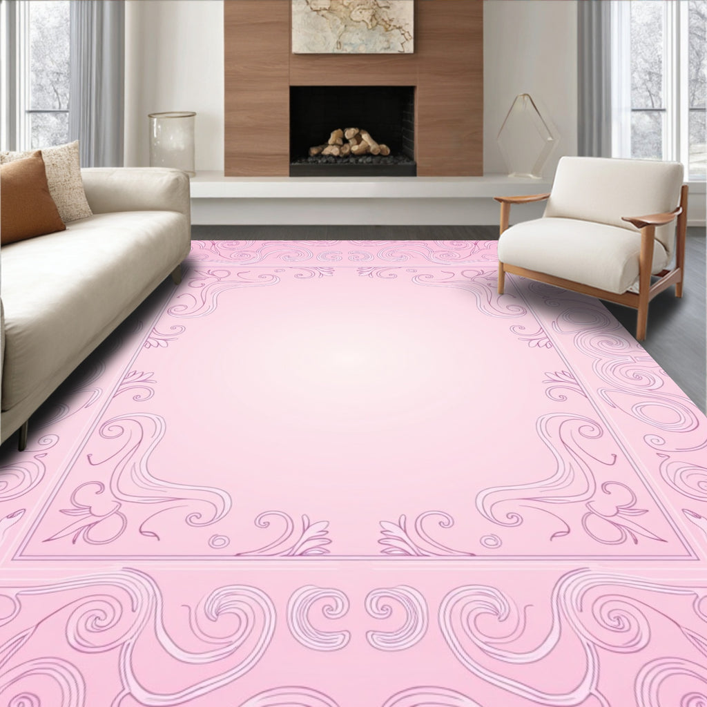 Pink Floral Swirl Border Pattern Rug