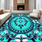 Bold Teal White Floral Medallion Rug