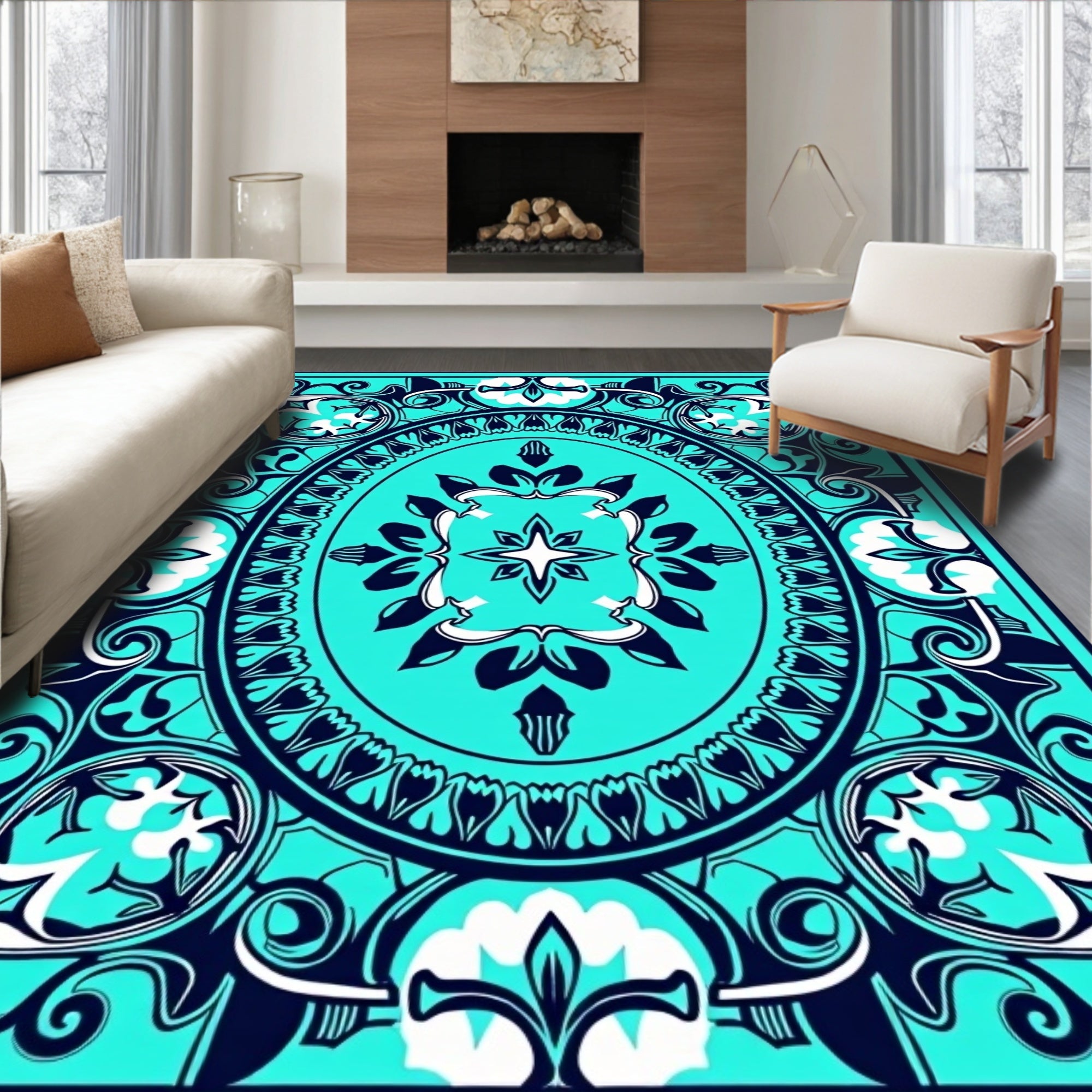 Bold Teal White Floral Medallion Rug